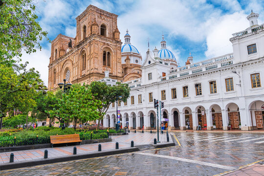 Scenic view of the New Cathedral of Cuenca. Cathedral of the Immaculate Conception, commonly referred to the as the New Cathedral of Cuenca.It is situated in front of Parque Calderon