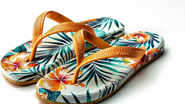 Close-up shot of tropical-themed flip-flops with orange straps, showcasing a vibrant floral design on a white background.