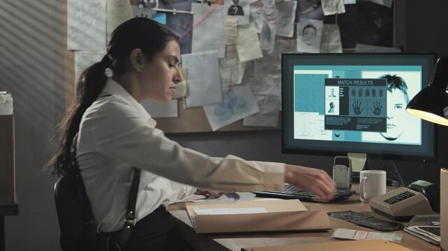 female police detective working at the desk on criminal case,woman investigator examines identikit file paper sitting in office in front at the computer,crime investigation