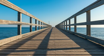 Wooden Pier Extending to the Ocean - A long wooden pier stretches towards a calm ocean under a clear blue sky. Shadows from the railings are cast on the planks