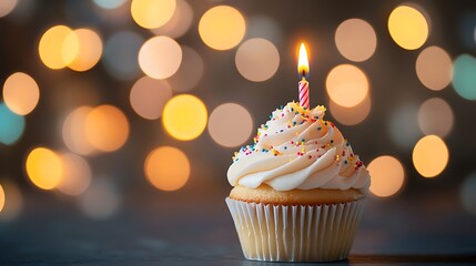 A frosted cupcake with a burning candle represents a special occasion