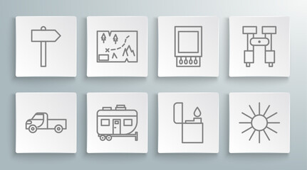Set line Pickup truck, Folded map with location, Rv Camping trailer, Lighter, Sun, Open matchbox and matches, Binoculars and Road traffic signpost icon. Vector