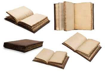 An open empty old notebook isolated on a white background.