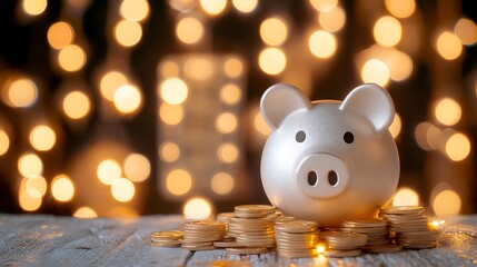 Piggy bank with coins and lights for savings