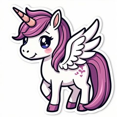 Fototapeta premium Cute Cartoon Unicorn with Wings and Pink Mane, Adorable Fantasy Animal