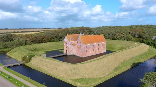 Aerial drone view of Spottrup Borg castle, Limfjorden region, Jutland, Denmark