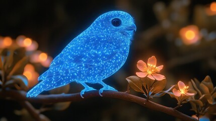 Glowing blue bird perched on branch