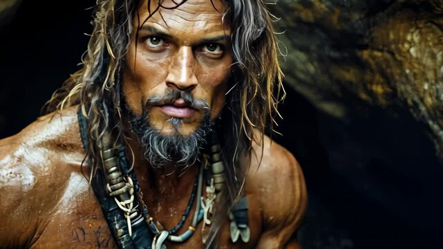 ancient man in cave, neanderthal, cro-magnon, homo sapiens, prehistoric times, stone age, guy, caveman, hunter, warrior, mountains, life of primitive people