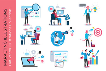 Marketing team working together, using data analysis, artificial intelligence and digital strategy for business growth. Flat vector collection. Concept illustrations