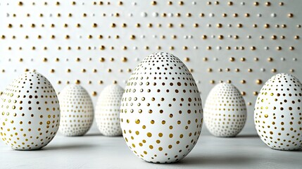 Stylish and sleek design featuring modern monochrome Easter eggs in minimalist patterns of white and gold, conveying room for text.