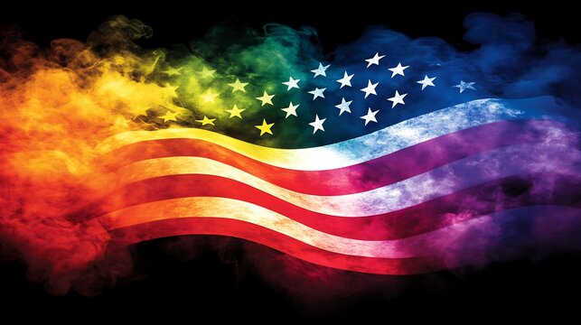 Rainbow US flag. Colorful smoke, black background, pride concept
