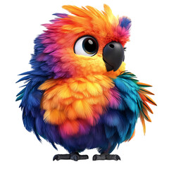 Obraz premium A Fluffy 3D Cartoon Parrot with Glowing Rainbow Feathers Isolated on Transparent Background