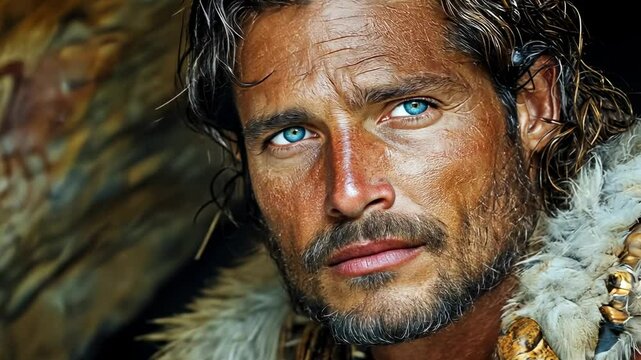 ancient man in cave, neanderthal, cro-magnon, homo sapiens, prehistoric times, stone age, guy, caveman, hunter, warrior, mountains, life of primitive people