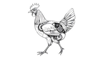 Amazing Detailed Drawing of a Mechanical Rooster with Intricate Gearwork