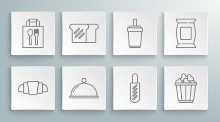Set line Croissant, Bread toast, Covered with tray, Hotdog sandwich, Popcorn in box, Paper glass straw, Bag packet potato chips and Online ordering delivery icon. Vector