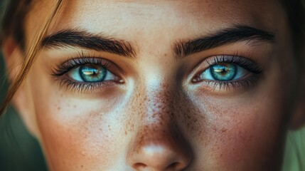 Fototapeta premium Close-up of captivating blue eyes with freckles on fair skin, showcasing intricate details and inviting gaze.