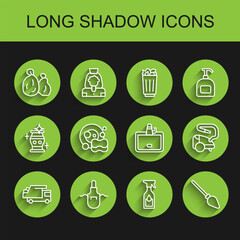 Fototapeta premium Set line Garbage truck, Kitchen apron, Cleaning spray bottle, Handle broom, Washing dishes, Vacuum cleaner and Washbasin icon. Vector