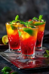 Zimbabwe Independence Day, citrus fruits red yellow green cocktails with mint, dark background, vertical banner
