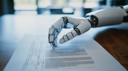 a robot hand holding a document on the table, representing AI in business and law
