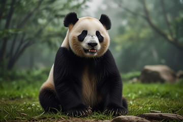 Obraz premium A giant panda eating bamboo magnificent presence on edge of an iceberg in Antarctica represents harsh environment, its majestic nature, and its ability to thrive and dominate in this challenging world
