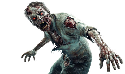 Fototapeta premium Aggressive Zombie with Decaying Flesh and Blood Stains on Transparent Background