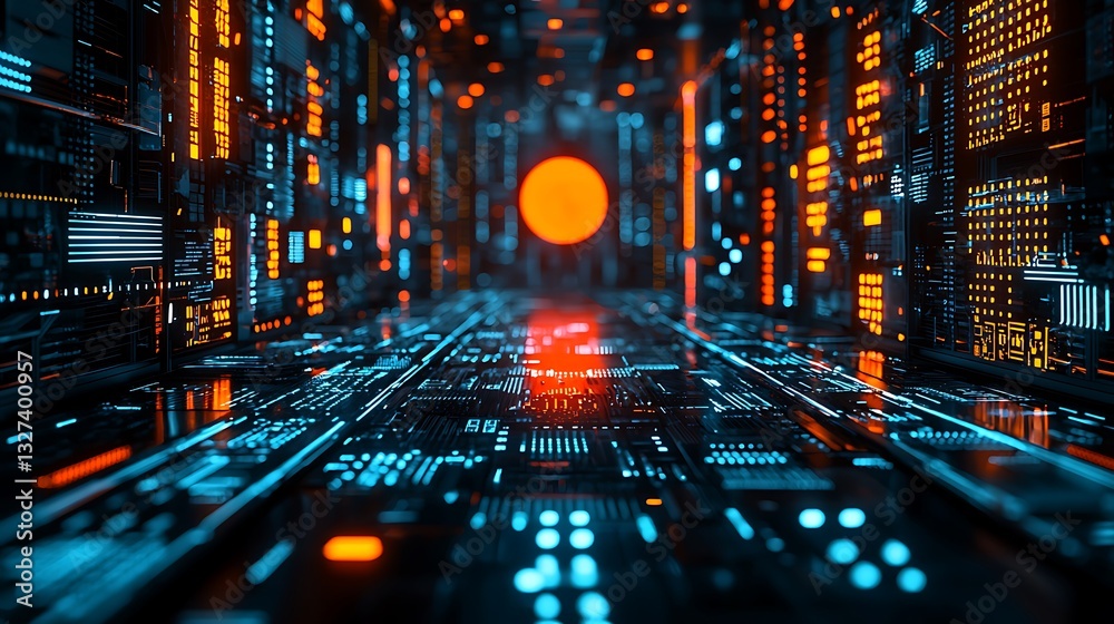 Poster futuristic digital corridor glowing circuit board technology abstract background