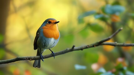 European Robin perched on a branch in a serene, nature-filled setting, displaying its vibrant orange breast and grey plumage.