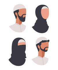 Set of side view faceless Muslim heads flat illustration isolated on white