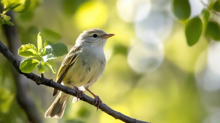 Fototapeta premium Close-up of a serene Willow Warbler perched on a branch amidst lush green foliage bathed in soft sunlight.