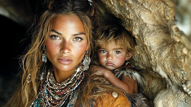 ancient woman with child in cave, neanderthal, cro-magnon, homo sapiens, prehistoric times, stone age, parent, little boy, mother, cavewoman, girl, life of primitive people