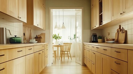 Fototapeta premium Featuring light wood cabinets, a minimalist dining nook, white walls, and a mint-green accent, a Scandinavian-style kitchen.