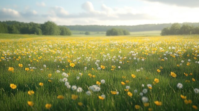 Field of wildflowers at sunset, meadow, tranquil landscape, photo