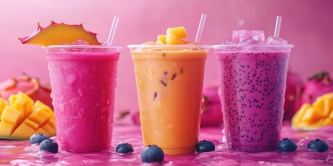 Colorful tropical smoothies displayed on a vibrant pink background with fresh fruit accents