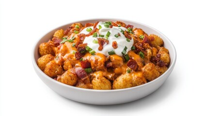 Loaded Tater Tots with Cheese, Bacon, Sour Cream, and Chives Garnish Scene