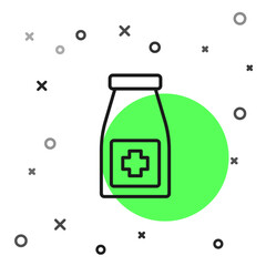 Black line Medicine bottle and pills icon isolated on white background. Bottle pill sign. Pharmacy design. Vector