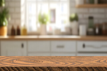 Wood table top on blur kitchen room background. For montage product display or design key visual layout.