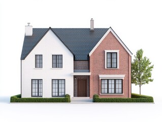 A modern two-story house featuring a mix of white and brick exterior, surrounded by greenery and a well-maintained lawn.