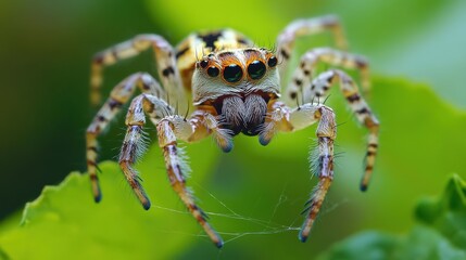 Close-up of a striking jumping spider with detailed hairy legs and expressive eyes on a vivid green leaf background