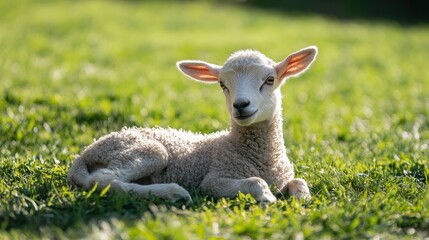 Obraz premium Charming lamb resting peacefully in sunlit meadow, basking in golden hour light, adding a touch of pastoral beauty.