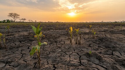 Arid cracked earth field with young banana plants at sunset.