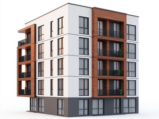 Fototapeta premium A modern residential building featuring a mix of white and brick exteriors with multiple balconies and large windows.