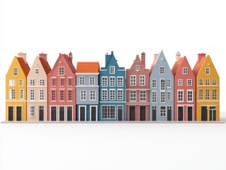 Fototapeta premium A colorful row of stylized houses with distinct architectural features, showcasing vibrant hues and charming details.