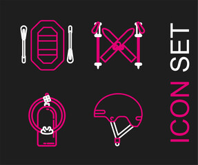 Set line Helmet, Aqualung, Ski and sticks and Rafting boat icon. Vector