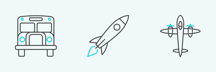 Set line Old retro vintage plane, School Bus and Rocket ship with fire icon. Vector