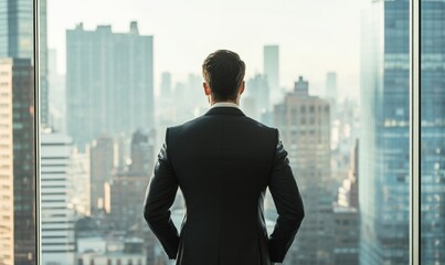 A businessman in a suit stands at the window of his office, overlooking the cityscape and contemplating future business planning and corporate strategy