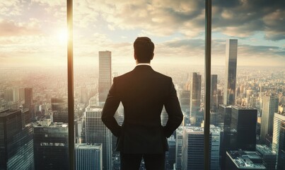 A businessman in a suit stands at the window of his office, overlooking the cityscape and contemplating future business planning and corporate strategy