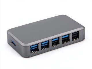 A sleek gray USB hub with multiple ports for connecting devices, enhancing connectivity and efficiency in digital setups.