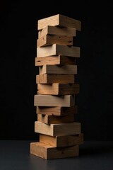 A Precarious Stack of Wooden Blocks Against a Dark Background, Representing Risk, Balance, and the Potential for Collapse