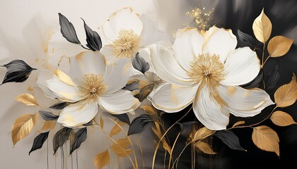 oil painting large flowers with gold accents beige background white and black tones elegant flower paintings modern minimalist style decorative art