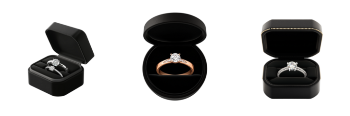 Set of Elegant black ring box with rose gold diamond ring isolated on transparent background (4)